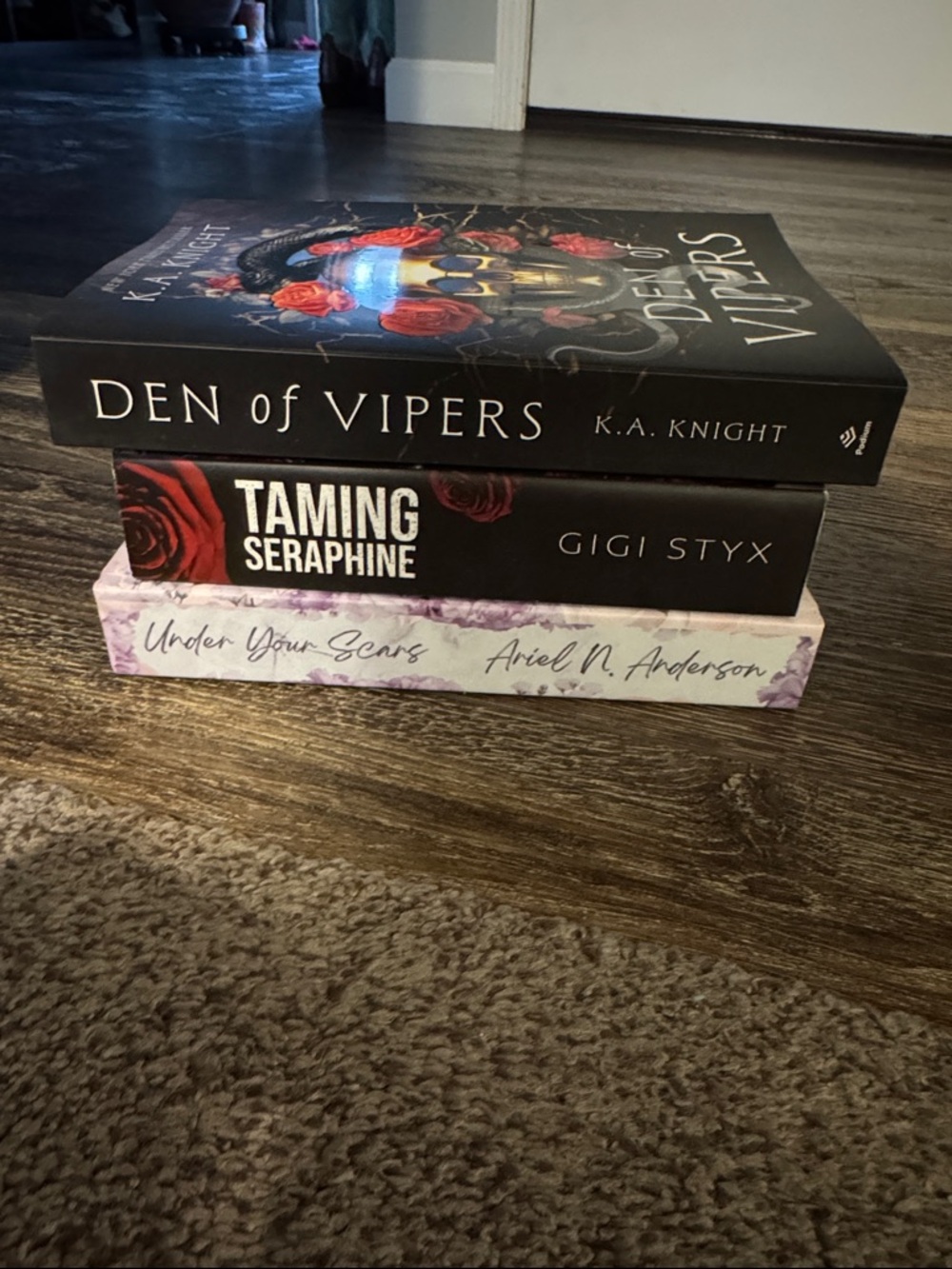Stack of 3 Fiction Paperbacks - Black, Red & Lavender Spines